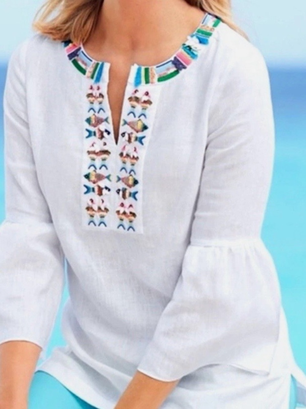 Talbots NWOT White Linen Fish Embroidered Beaded Tunic Size Petite Medium